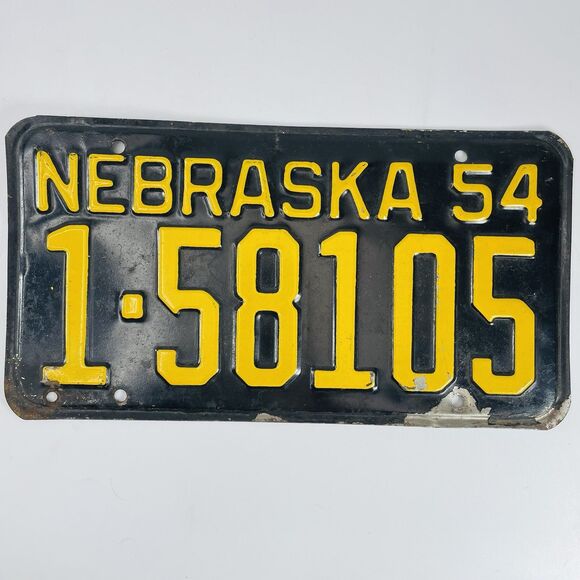 1954 Yellow on Black Nebraska License Plate 1 = Douglas County Omaha - Picture 1 of 11